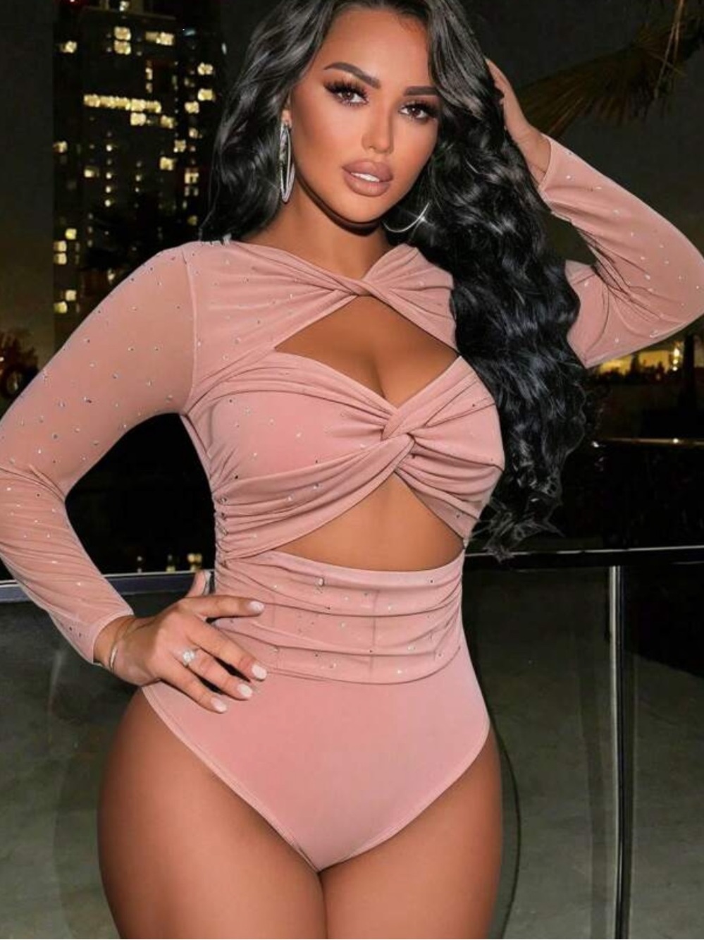 SHEIN Pink Sequin Twist Cutout Long-Sleeve Bodysuit